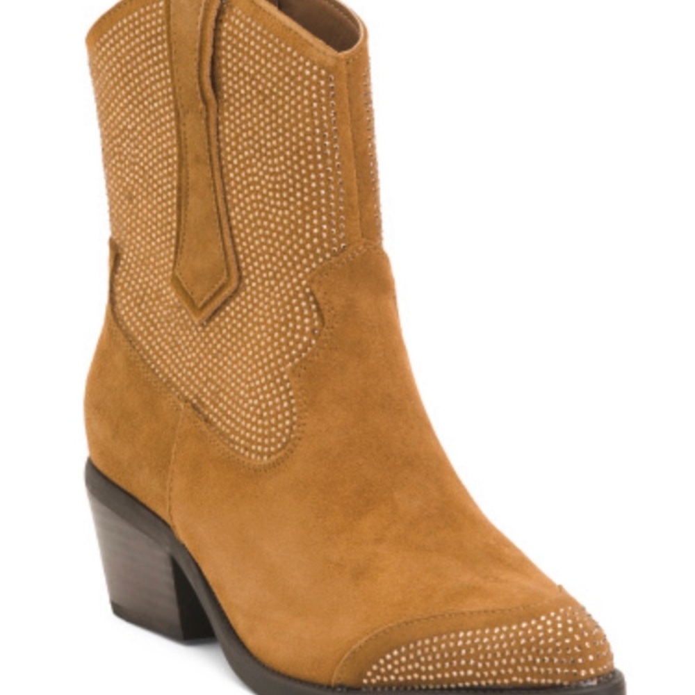 Poelman Western Rhinestone Embellished Pointed Toe Zip Tan Suede Ankle Boots 8.5